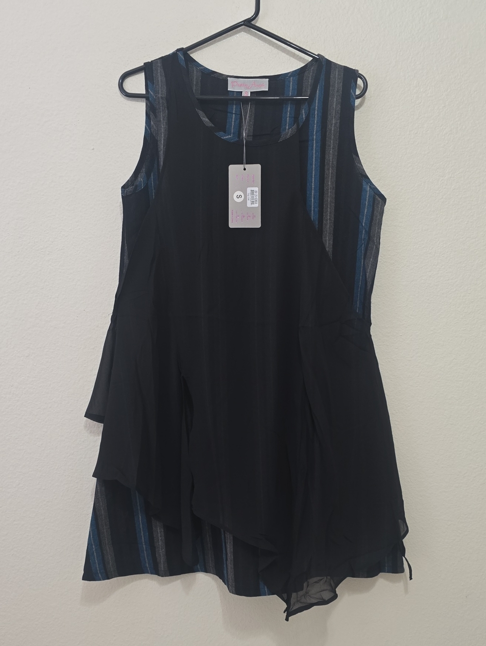 Pretty Angel Black Chiffon Tank with Blue and Gray Stripes